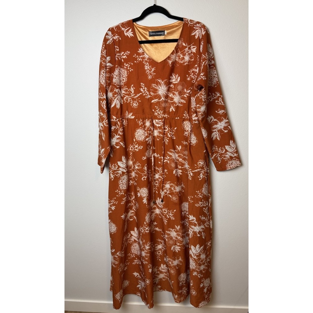 Sunda Fashion Floral Orange‎ White Maxi Dress w/ Drawstring Waist Sz 58